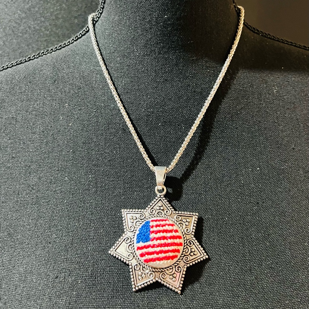 Cross stitch American flag necklace for 4th of July . Handmade